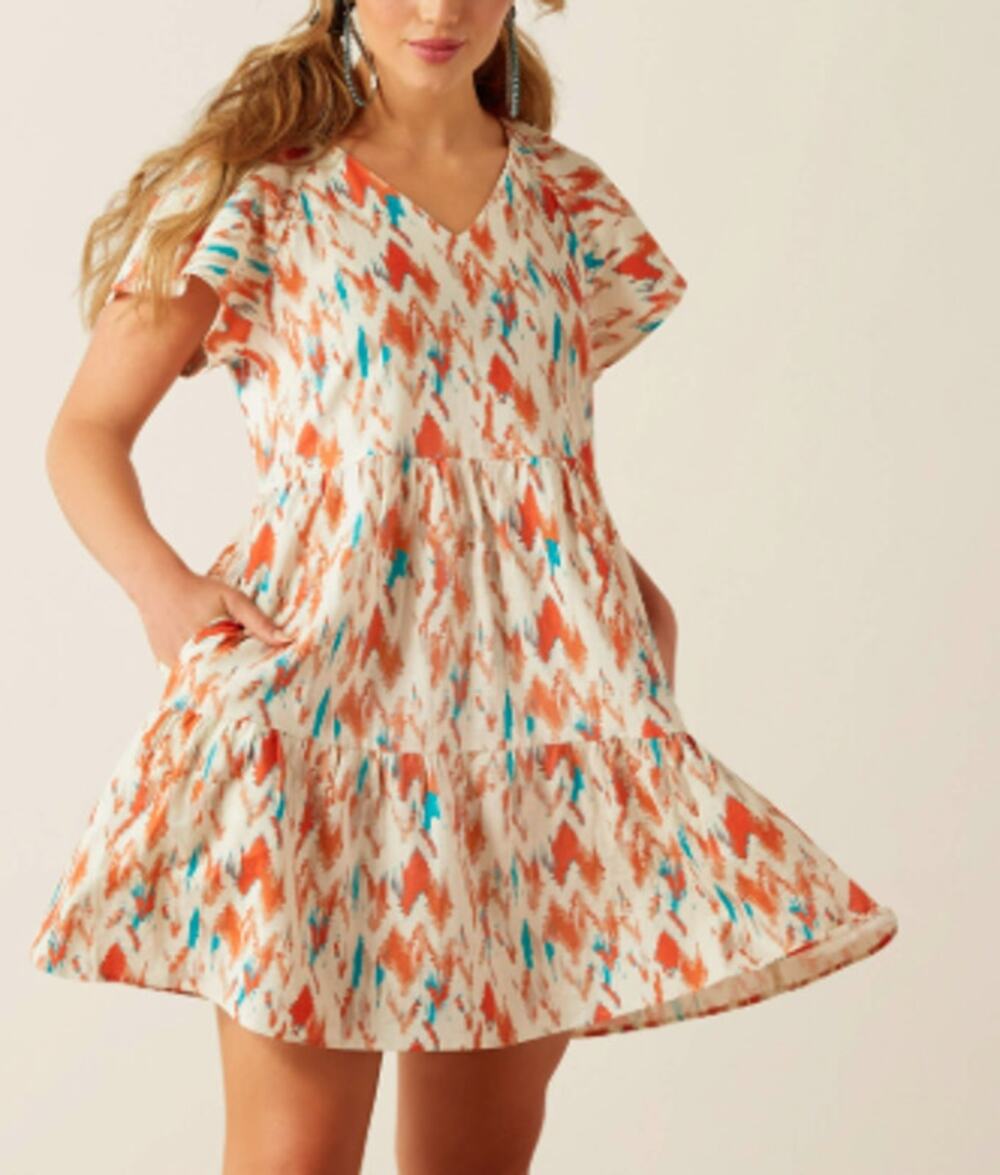 ARIAT Delilah Southwestern Print Tiered Short Dress Linen Blend Western Size XL
